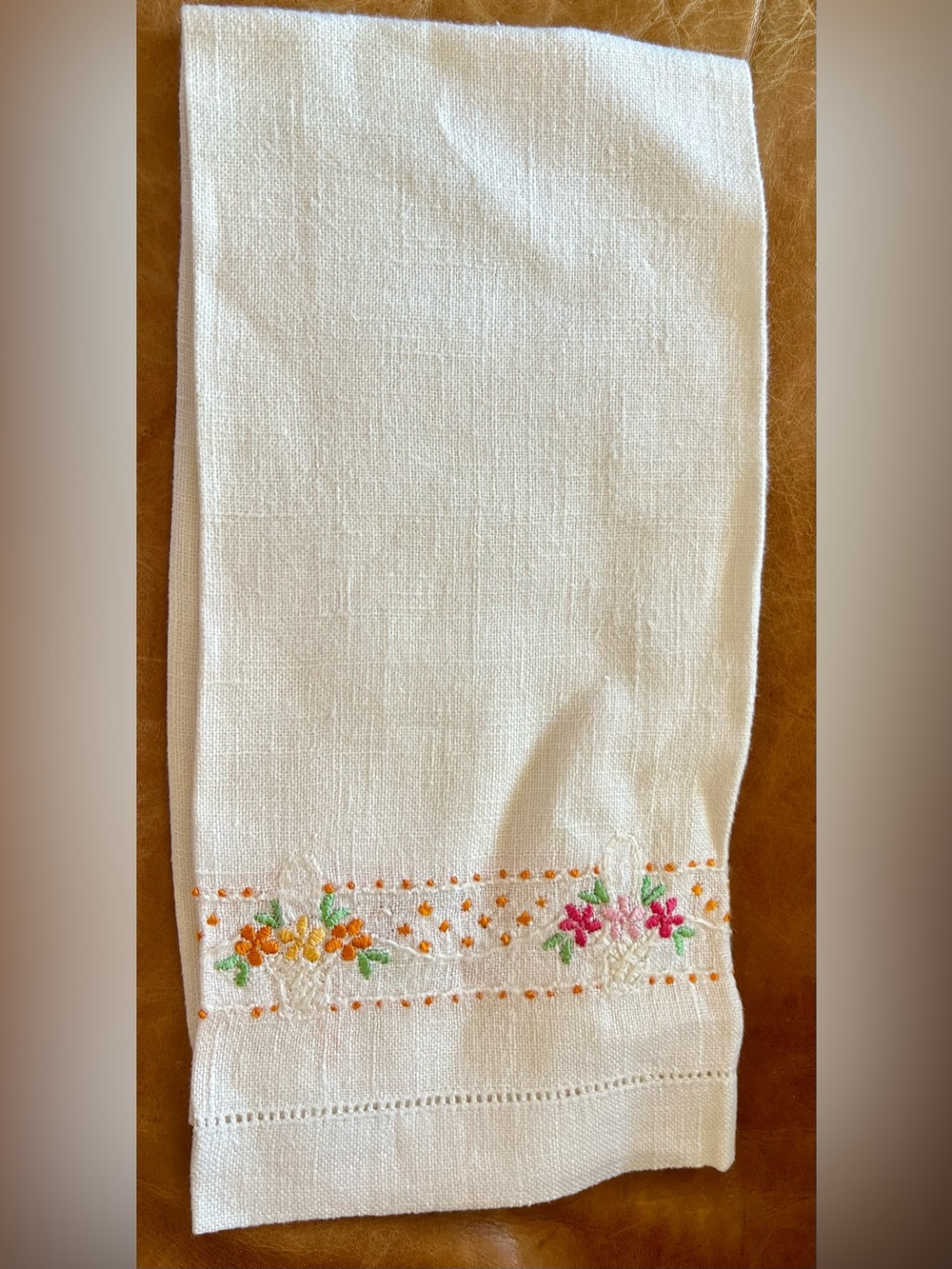 Vintage Emroidered Linen Floral Basket Fingertip Finger Guest Hand Tea Towel
